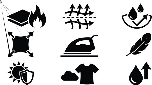 Fabric properties and textile care silhouette icon set featuring waterproof fire resistant breathable sun protection lightweight and elastic symbols vector
