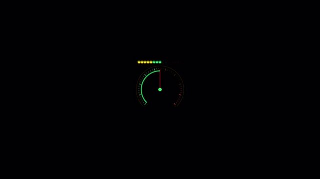 Speedometer gauge showing loading progress on dark background motion graphic animation.