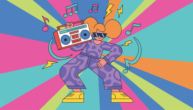 Energetic young woman with puff hairstyle dancing while holding a retro boombox cassette player on a colorful sunburst background.