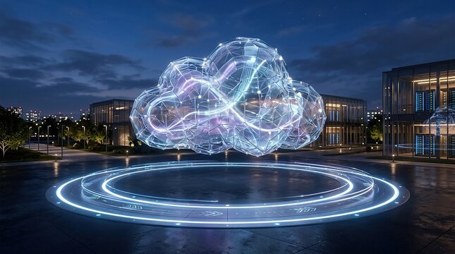 Futuristic digital cloud computing concept with glowing data network connections hovering above a circular platform in a modern server facility at night