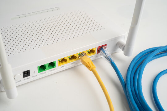Ethernet cable with wireless router connect to internet service provider network.