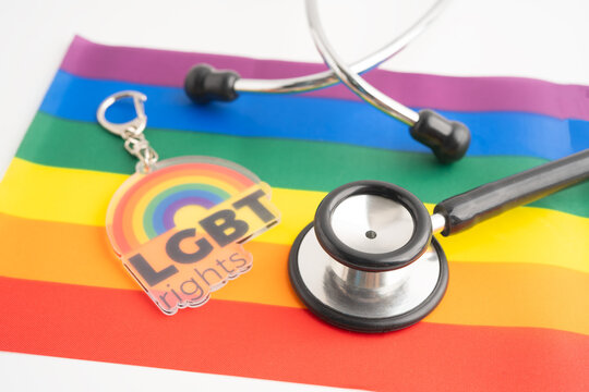 LGBT symbol, Stethoscope on rainbow flag, rights and gender equality, LGBT Pride Month in June.