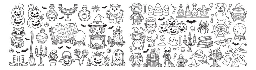 Fototapeta premium Hand-Drawn Halloween Doodles Collection Line Art With Pumpkins Witches Ghosts And Spooky Icons