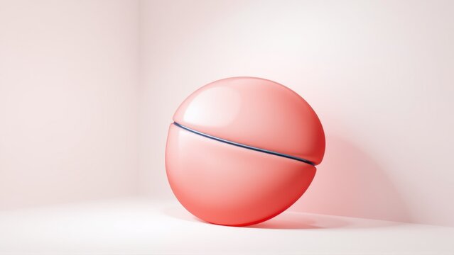 Pink sphere rests against pale wall. Subtle shadow defines form, creating minimalist composition. Smooth surface reflects light softly.