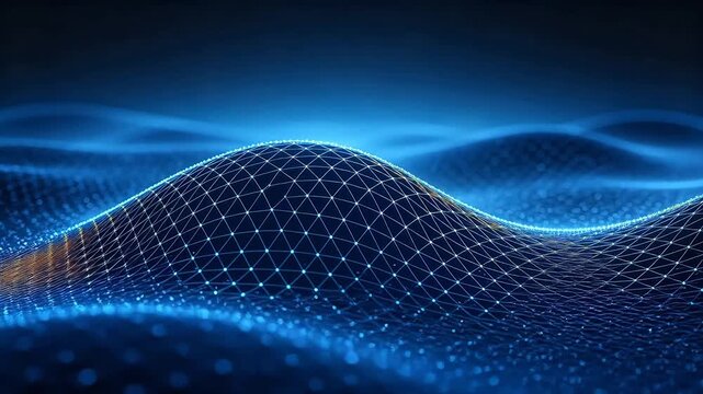 Abstract digital wave grid surface with glowing dots and lines on blue background