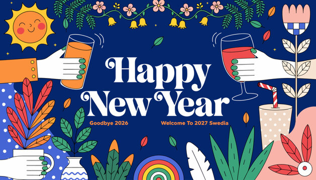 Happy New Year celebration with colorful floral and hand illustrations