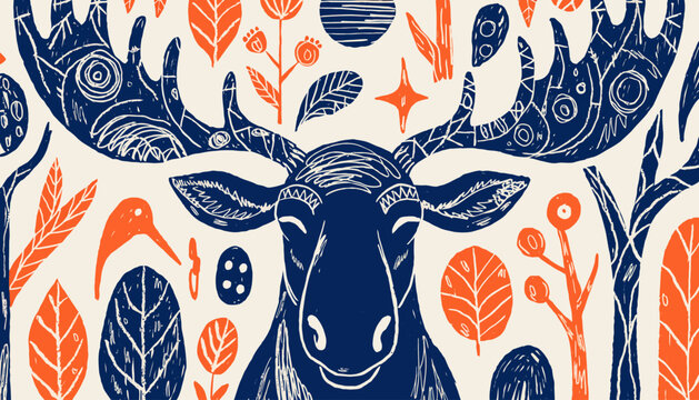 Illustration of moose head with floral pattern