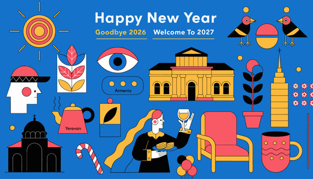 Happy New Year celebration with colorful objects and text