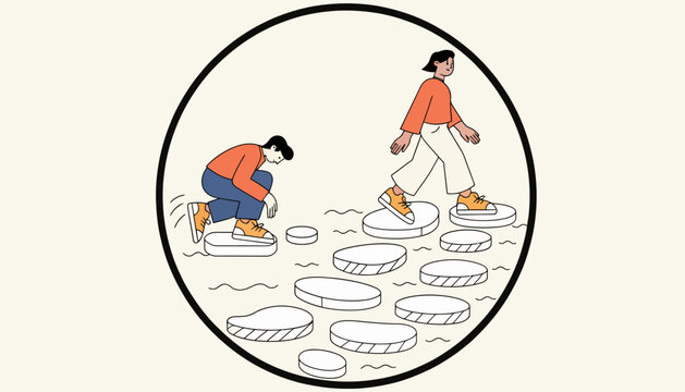people stepping on stepping stones, teamwork and cooperation