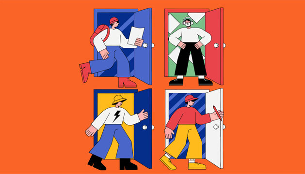 people stepping out of colorful doors, illustration