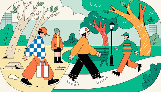 people walking in a park, casual outdoor activities