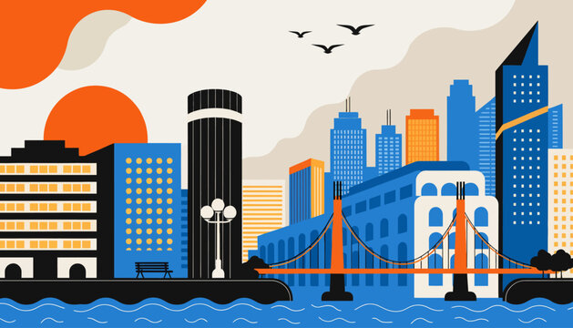 san francisco city skyline, bay bridge, urban landscape
