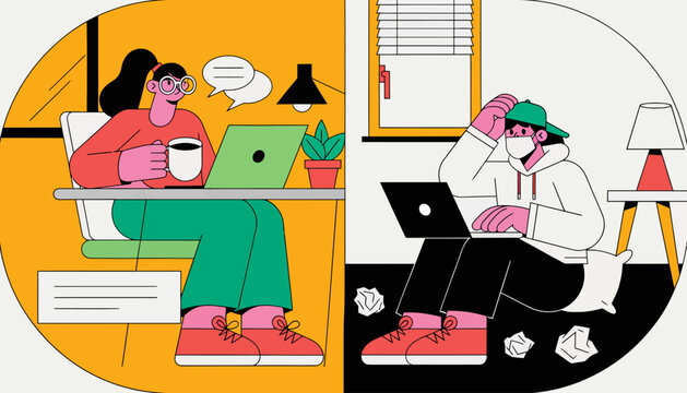 Remote work, two sides of productivity, woman with coffee and laptop, man frustrated and stressed