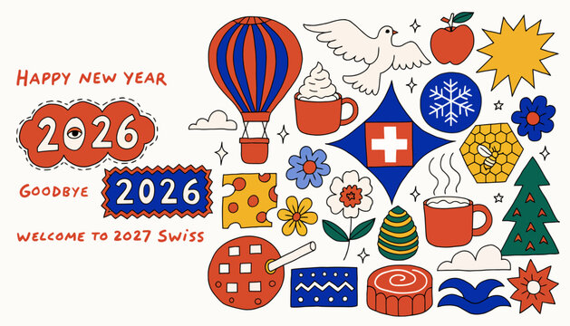 Swiss New Year 2027 illustration with hot air balloon and Swiss flag