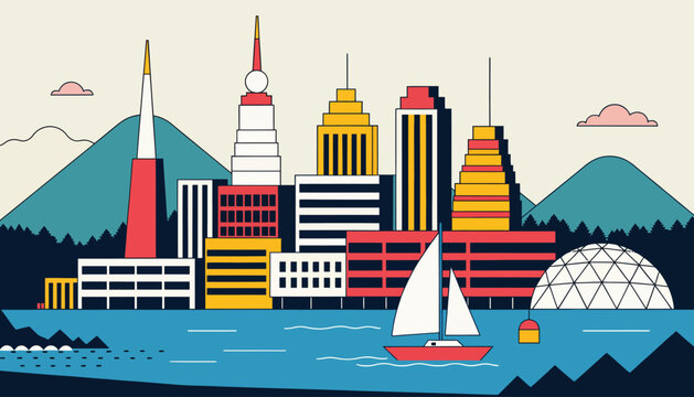 Vibrant city skyline with sailboat and mountains