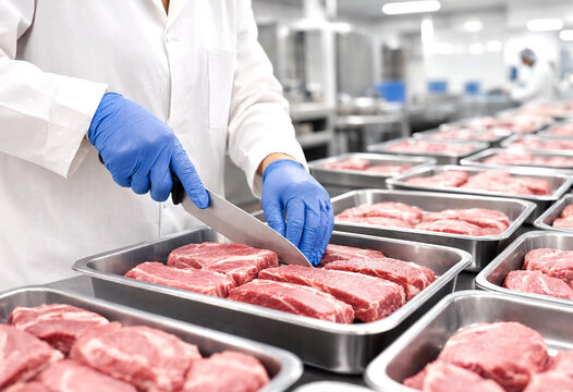 Professional meat cutting in a modern food processing facility