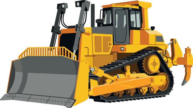 A detailed vector illustration of a yellow industrial bulldozer used for heavy construction and earthmoving tasks.