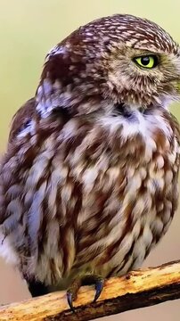 A close-up portrait of a wild little owl perched on a wooden branch