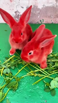 Two Vibrant Red Rabbits Eating Green Leaves on a Bright Surface