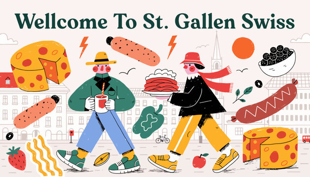 Welcome to St. Gallen, Swiss couple walking with food