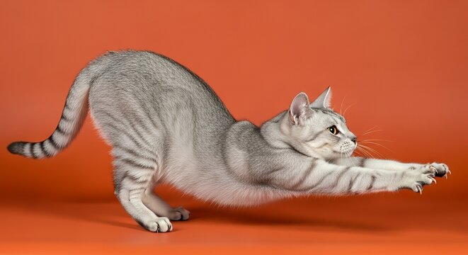 Graceful Silver Tabby Cat Stretching on a Vibrant Orange Background.