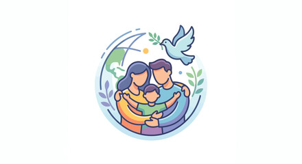 Obraz premium Family embrace within globe and peace dove circle