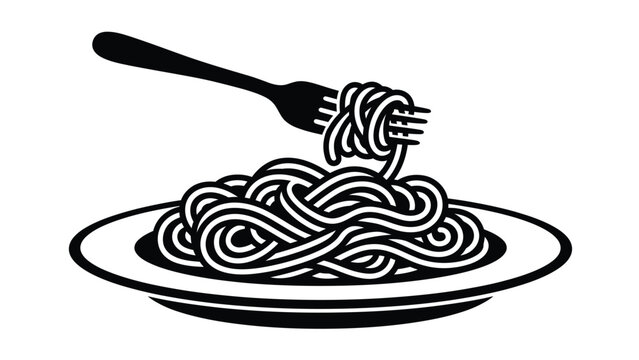 Minimalist black spaghetti plate icon with a fork twirling noodles for italian restaurant menus food packaging designs and culinary brand identities.