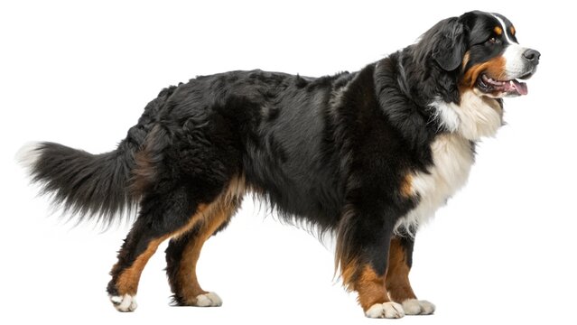 Tricolor Bernese mountain dog standing isolated on white transparent background.