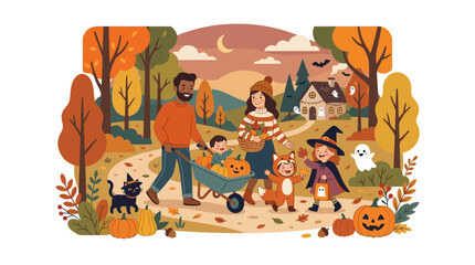 Fototapeta premium Family walking in woods with pumpkins on Halloween night.