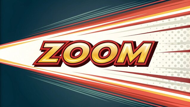 Comic style zoom word lettering illustration displayed over dynamic speed lines and halftone background.
