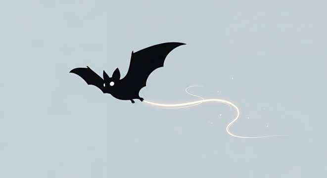 Minimalist Bat Flying with Echolocation Trail on a Light Blue Background.