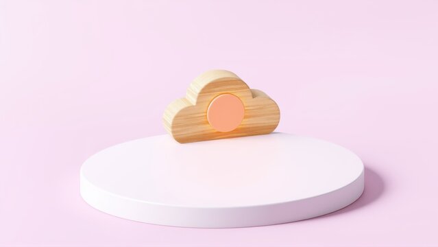 Wooden cloud rests upon pink platform. Minimalist design, soft colors, studio lighting creates simple presentation.