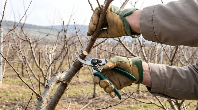 Gardener pruning tree branch with shears in orchard