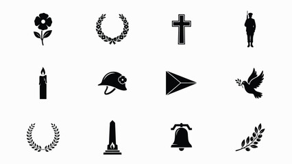 Naklejka premium Black and white symbolic icons collection with represent historical religious religious memorial symbols nine distinct black illustration traditional remembrance monument