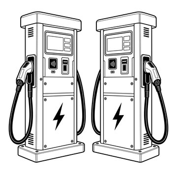Electric Vehicle Charging Stations Set Black and White Vector Illustration