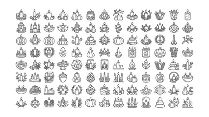 Fototapeta premium A large collection of thin line icons featuring autumn candles pumpkins and fall decor elements for seasonal projects