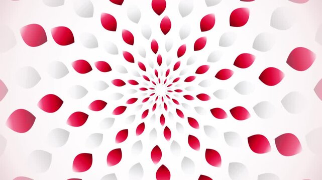 Abstract Red and White Radial Petal Burst Motion Background with Elegant Geometric Floral Pattern Kaleidoscope Mandala Design and Subtle Sparkle Particles