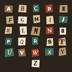 Vintage Alphabet Letters A to Z in Retro Collage Style on Dark Background for Typography Education and Design © Victor Designer 