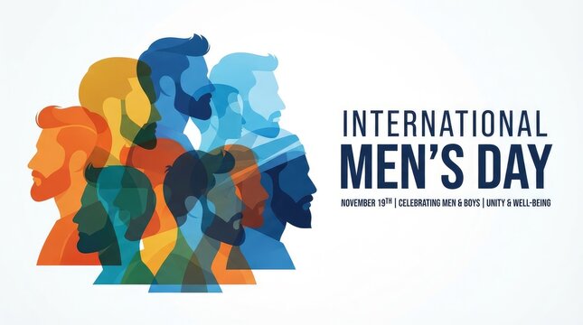 International mens day illustration with colorful overlapping silhouettes of mens faces, celebrating unity and wellbeing on november 19th international mens day