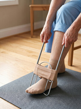 Senior Person Using a Sock Aid Device for Compression Stockings