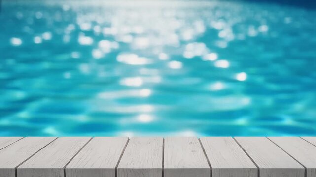 Empty Wooden Table Surface Mockup for Product Display Over Blurred Blue Swimming Pool Water with Sun Reflections