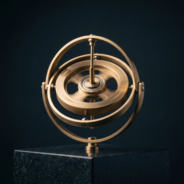 Brass Gyroscope Spinning on Dark Marble Pedestal