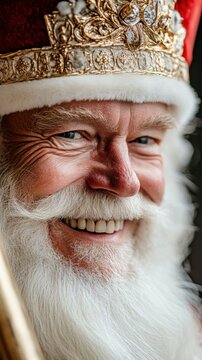 Smiling mature caucasian male in santa costume with festive hat and white beard. St. Nicholas Day