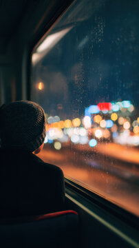 Young caucasian male reflecting on bus journey with city lights in background