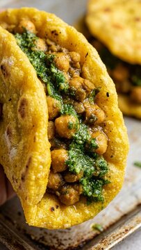 Trinidadian doubles street food featuring curried chickpeas and green herb sauce on a tray macro