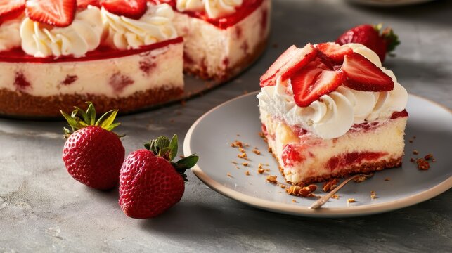 Creamy strawberry gelatin dessert piece with pretzel crust and whipped rosettes on a plate for summer dessert recipe background and menu banner