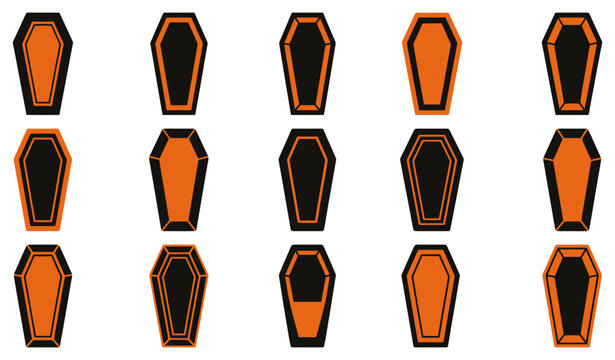 A collection of halloween coffin vector silhouette art illustration designs featuring various orange and black burial casket graphic elements