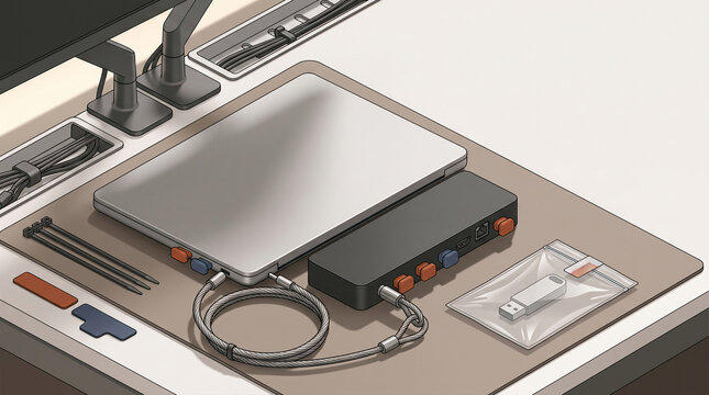 Secure Workstation with Laptop Cable Lock and USB Port Blockers