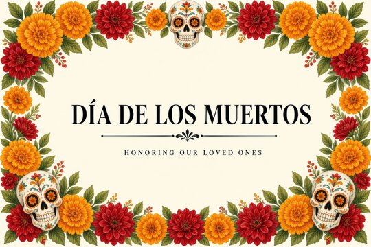 Colorful floral frame surrounds festive text celebrating Dia de los Muertos, honoring loved ones
