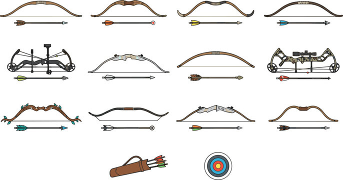 Archery bow and arrow vector illustration set featuring various weapon styles compound longbow recurve target and quiver for sport hunting and medieval fantasy designs